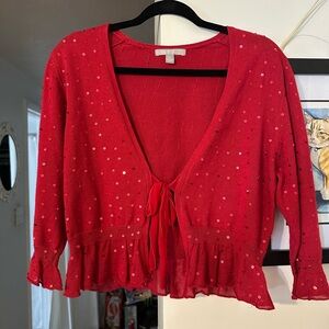 Red Sequin Cardigan with Ruffle Hem